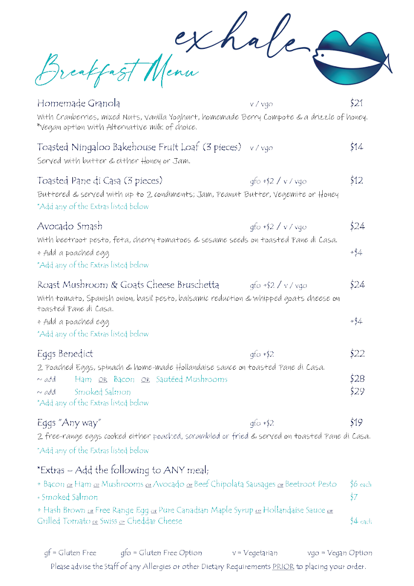 Menu, Exhale Exmouth