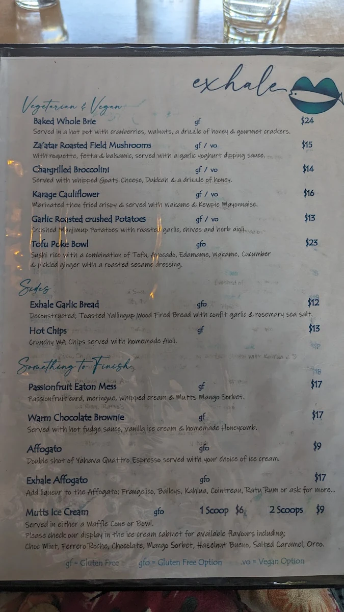 Menu, Exhale Exmouth