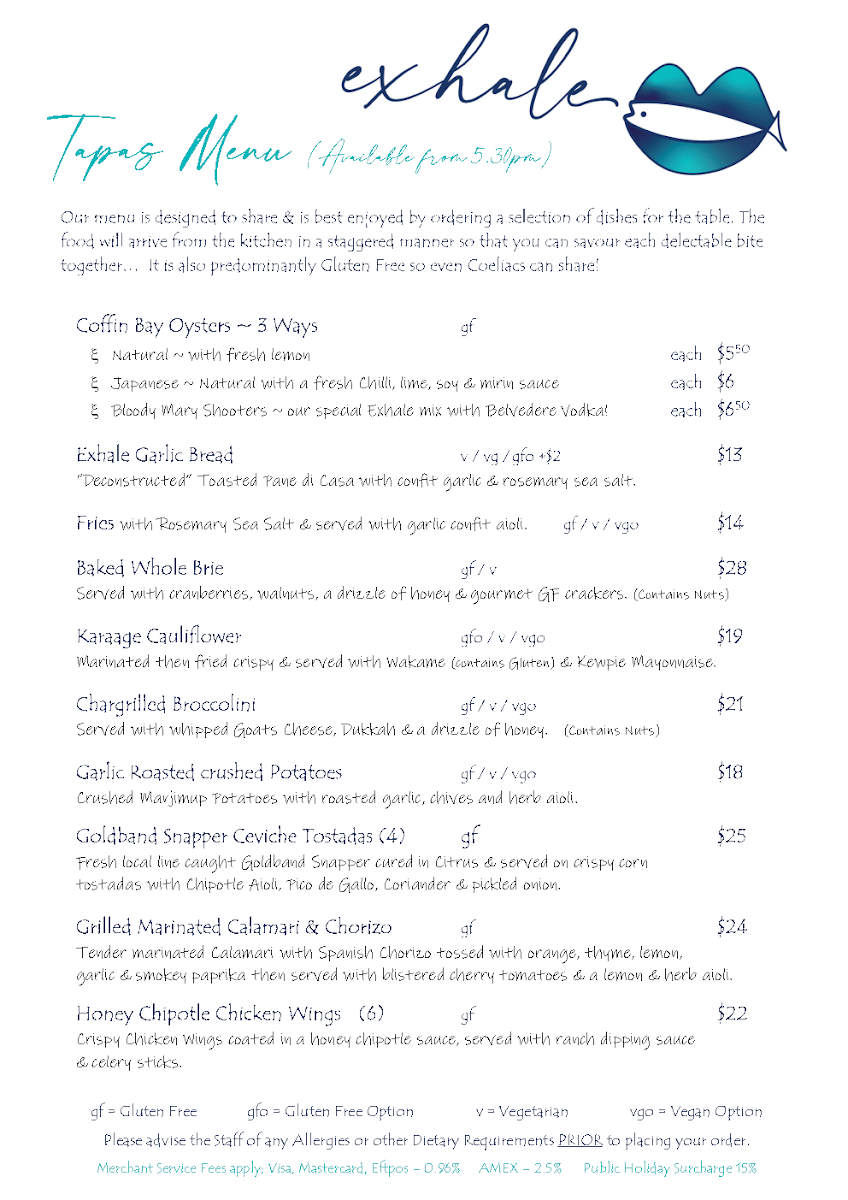 Menu, Exhale Exmouth
