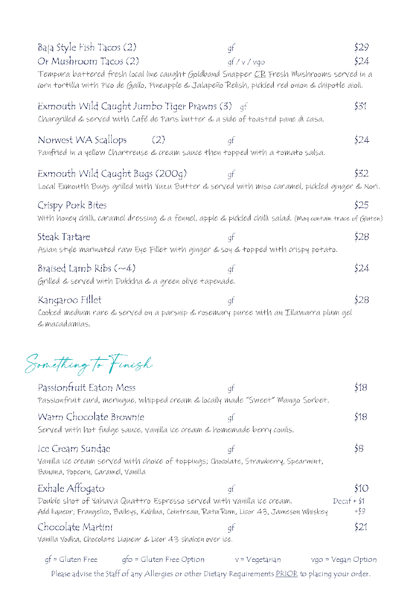 Menu, Exhale Exmouth