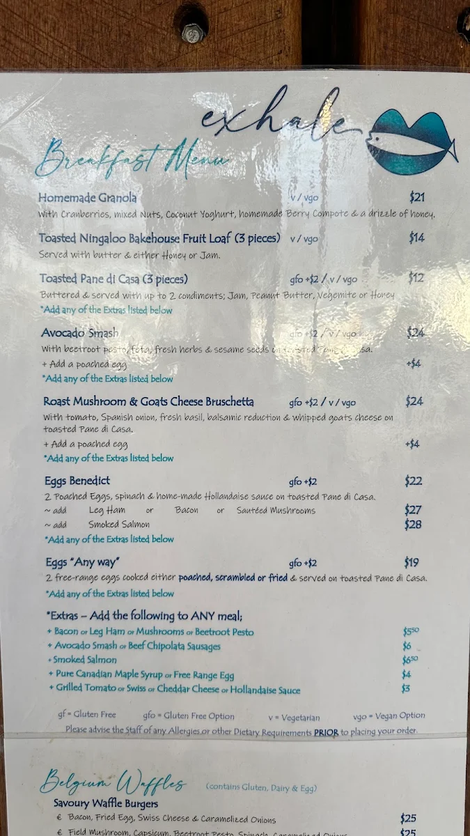 Menu, Exhale Exmouth