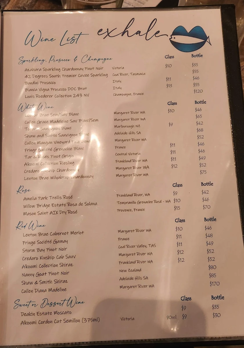Menu, Exhale Exmouth