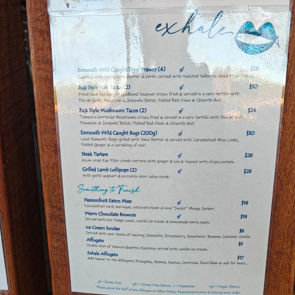 Menu, Exhale Exmouth