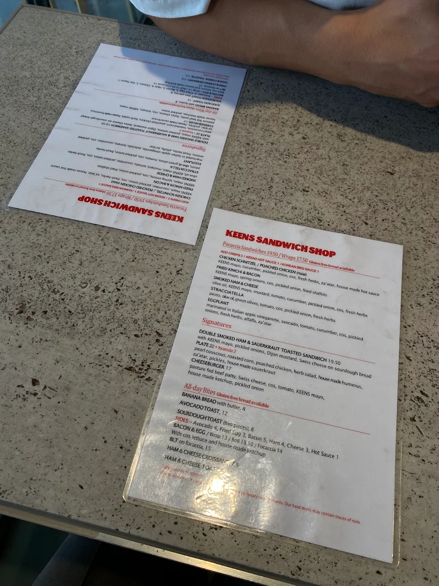Menu, Keens sandwich shop