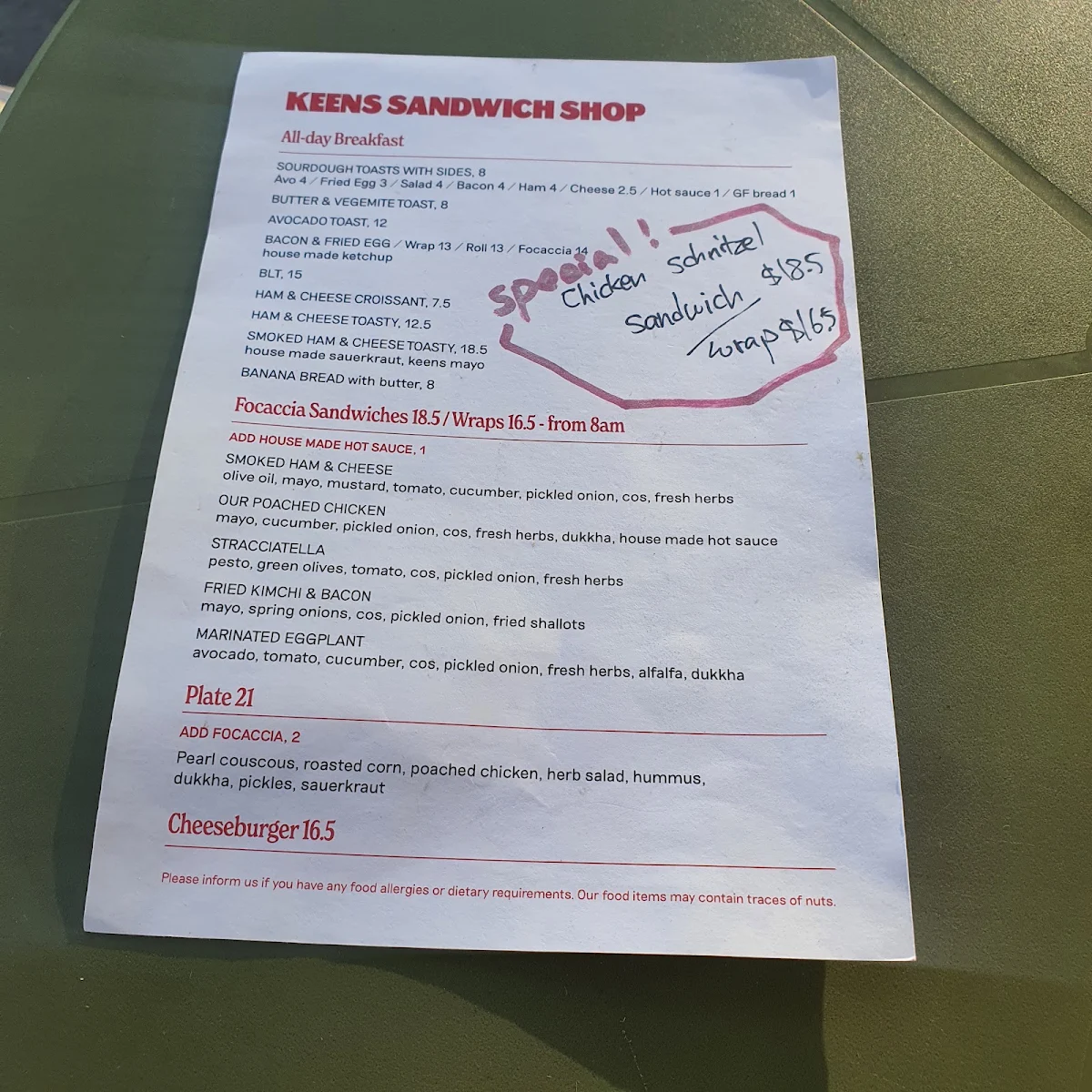 Menu, Keens sandwich shop