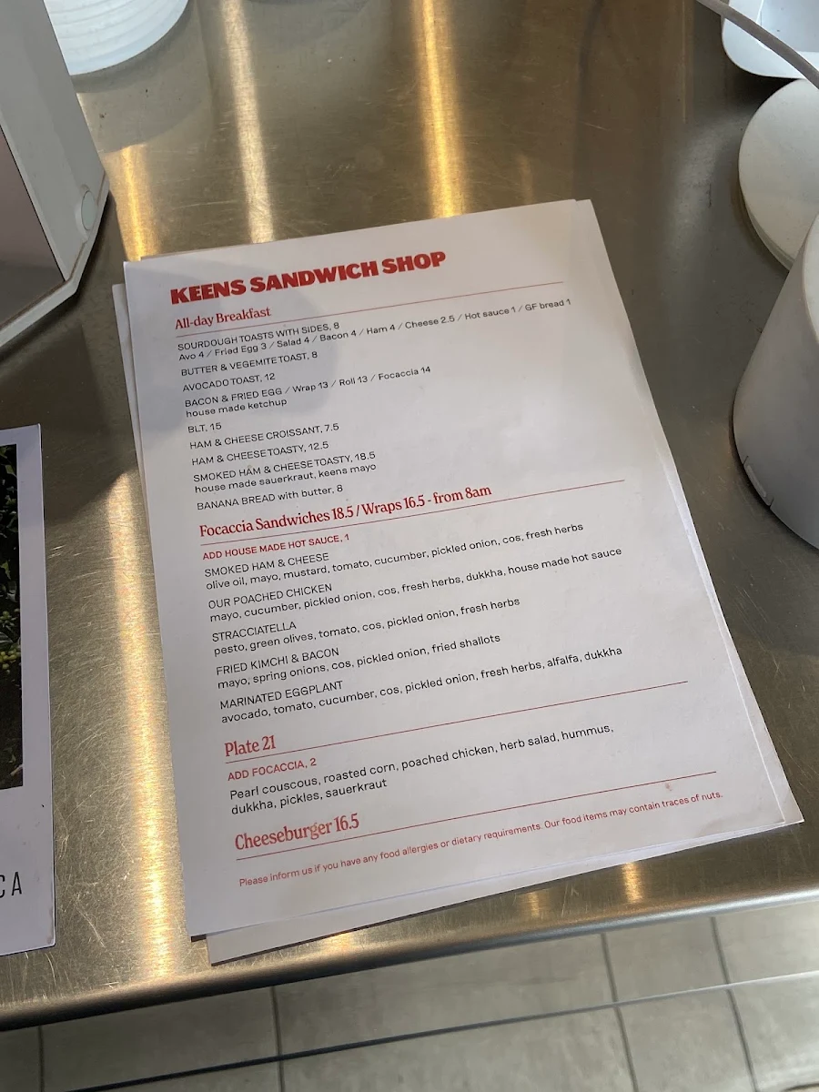 Menu, Keens sandwich shop