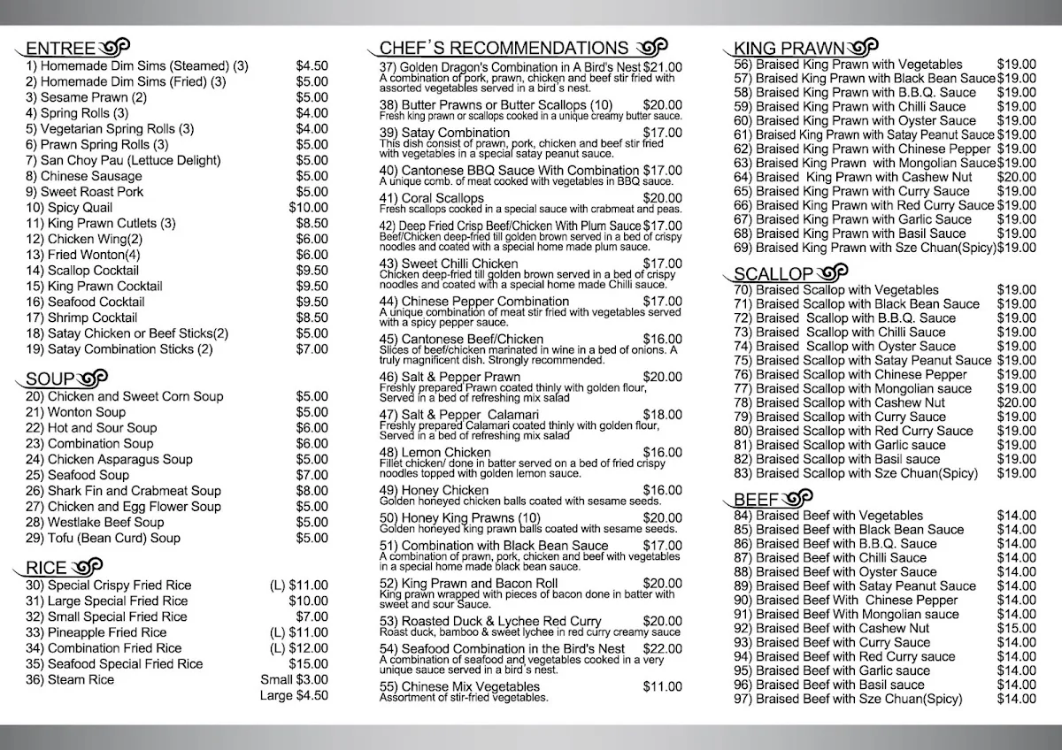 Menu, Golden Dragon Tea House