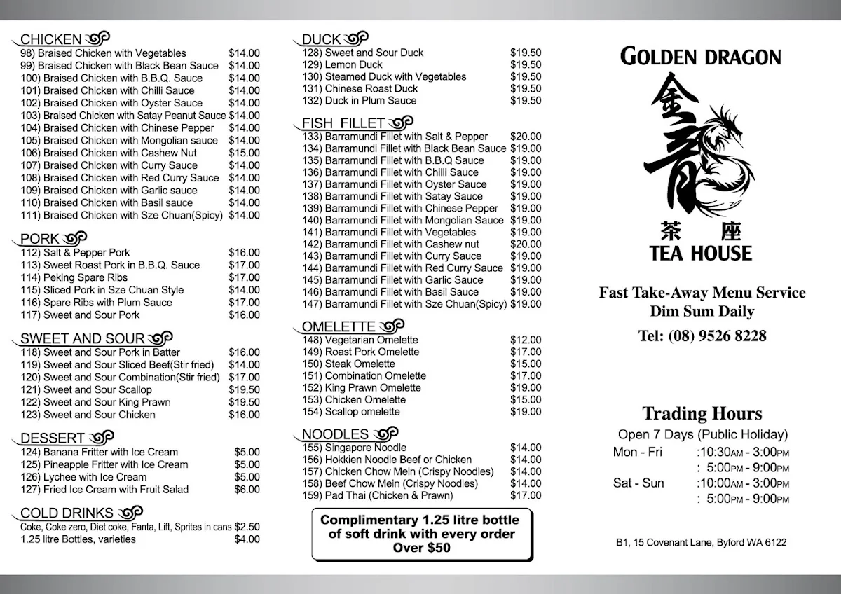 Menu, Golden Dragon Tea House
