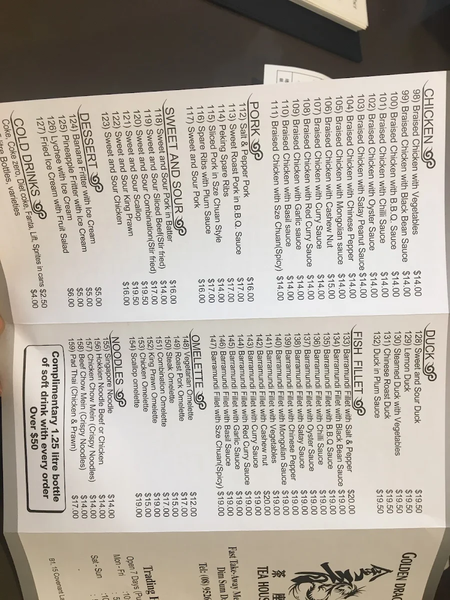 Menu, Golden Dragon Tea House