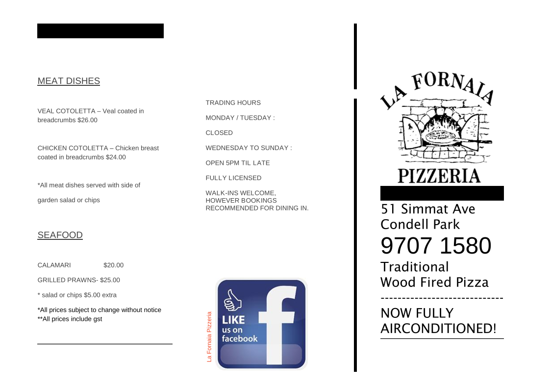 Menu, La Fornaia Condell Park