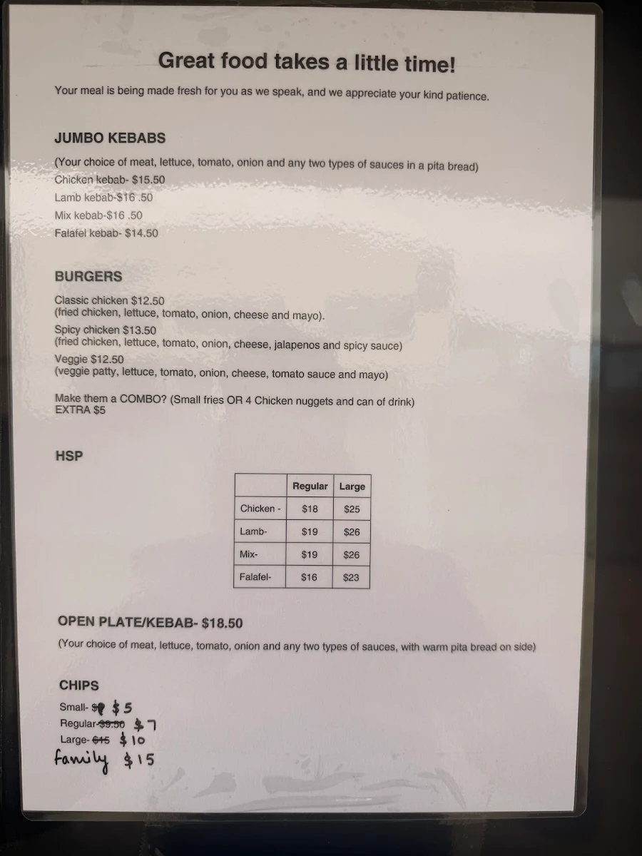 Menu, Tassie Jumbo Kebabs (Under new management)