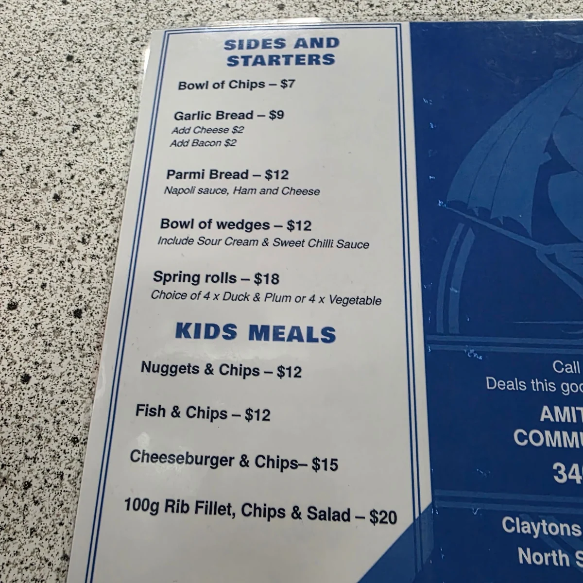 Menu, Amity Point Community Club