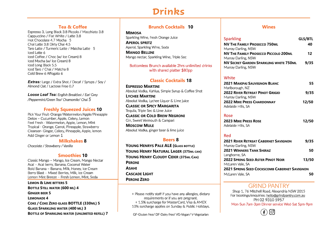 Menu, Grind Pantry