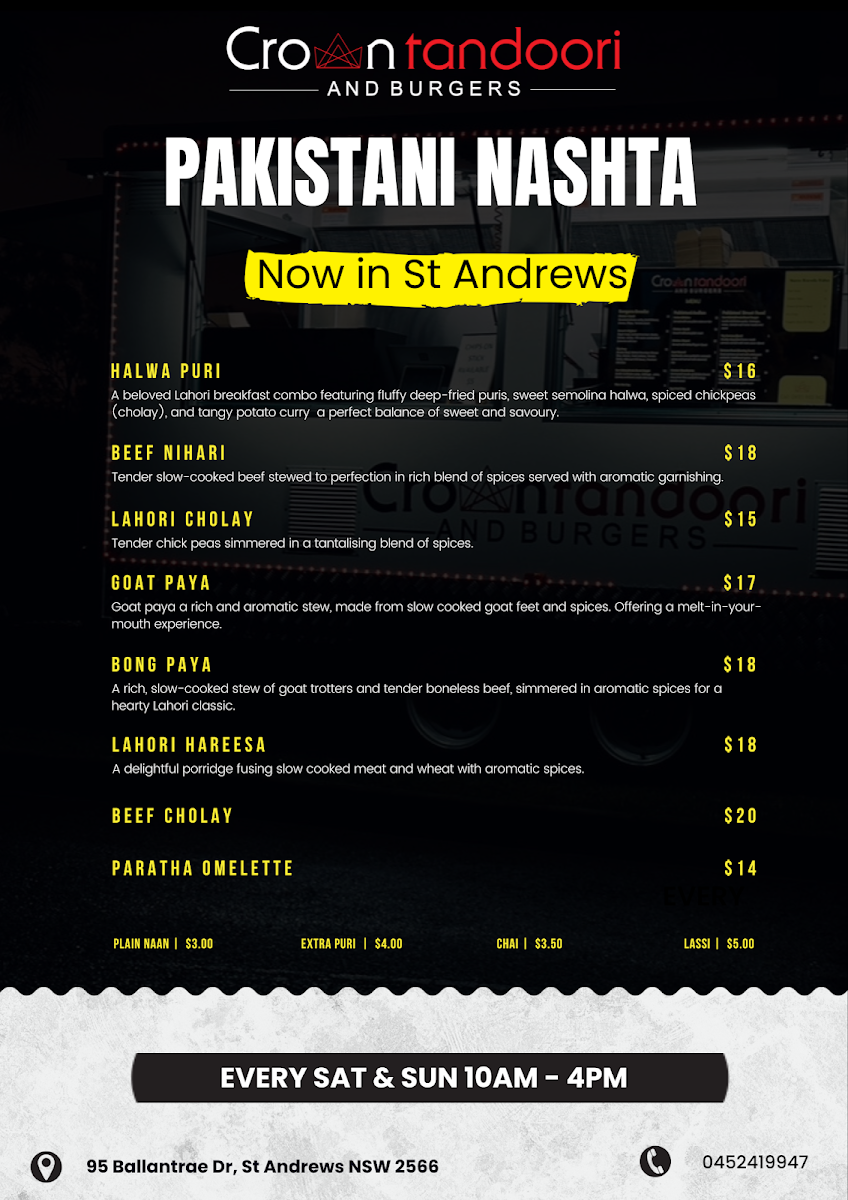 Menu, Crown Tandoori and Burgers