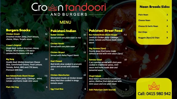Menu, Crown Tandoori and Burgers