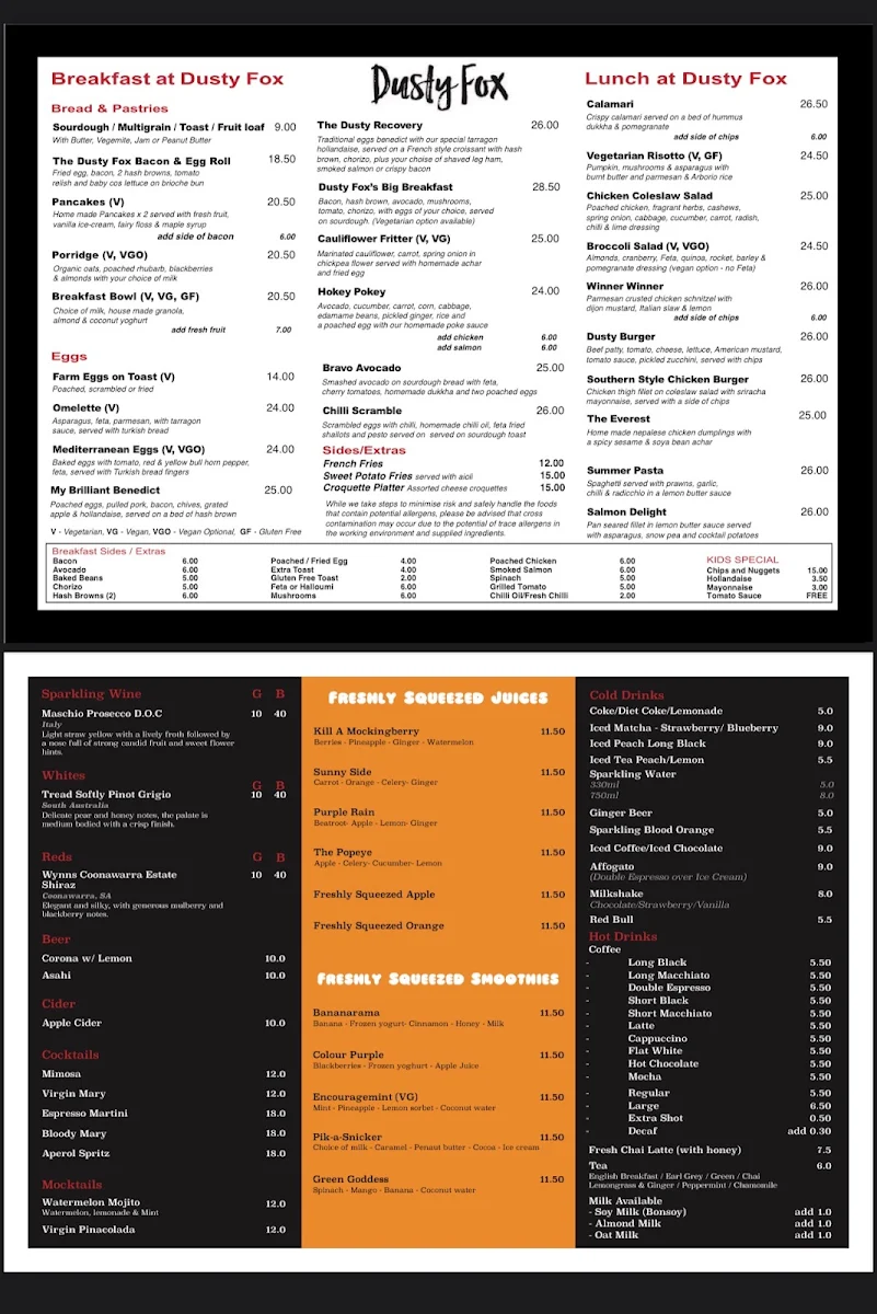 Menu, Dusty Fox Cafe