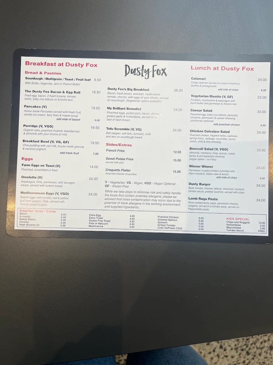 Menu, Dusty Fox Cafe