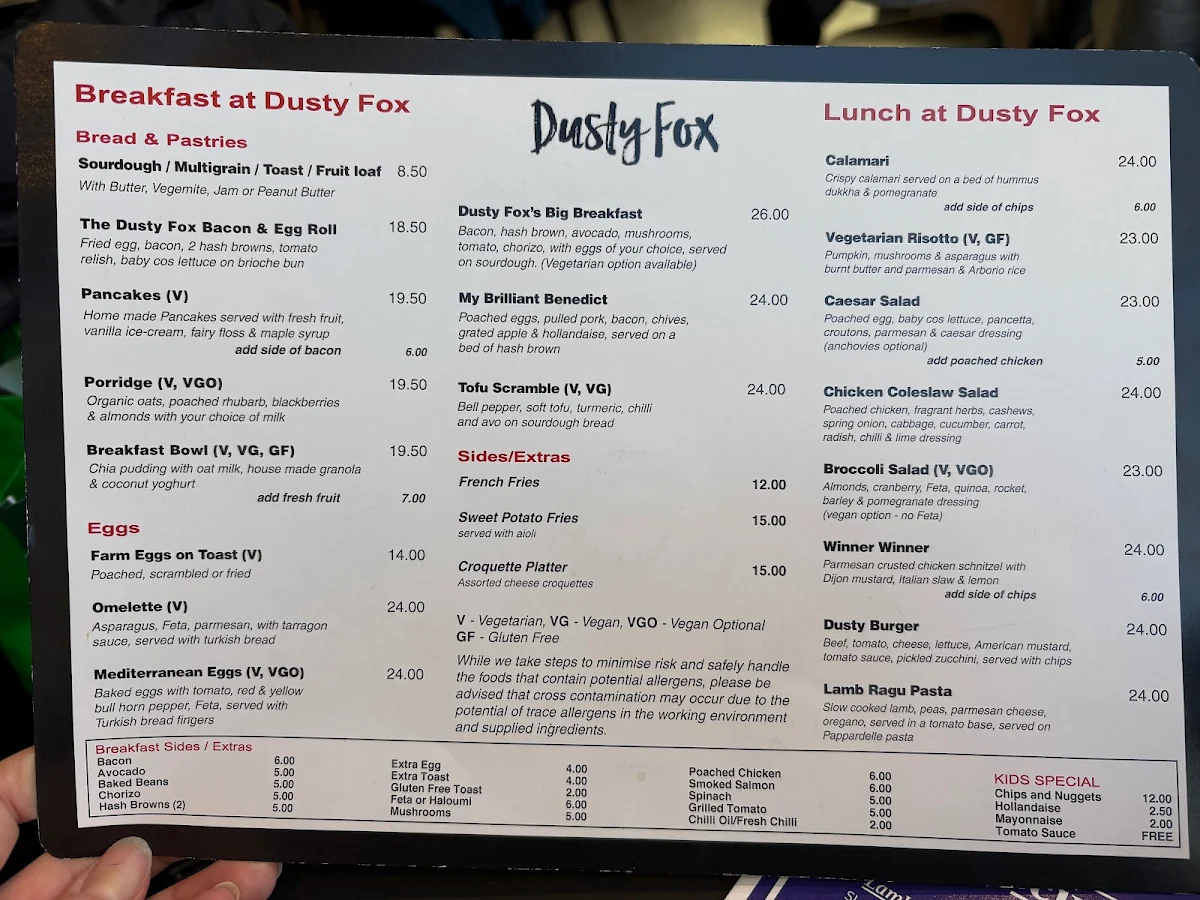 Menu, Dusty Fox Cafe