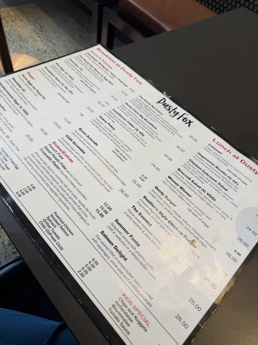 Menu, Dusty Fox Cafe