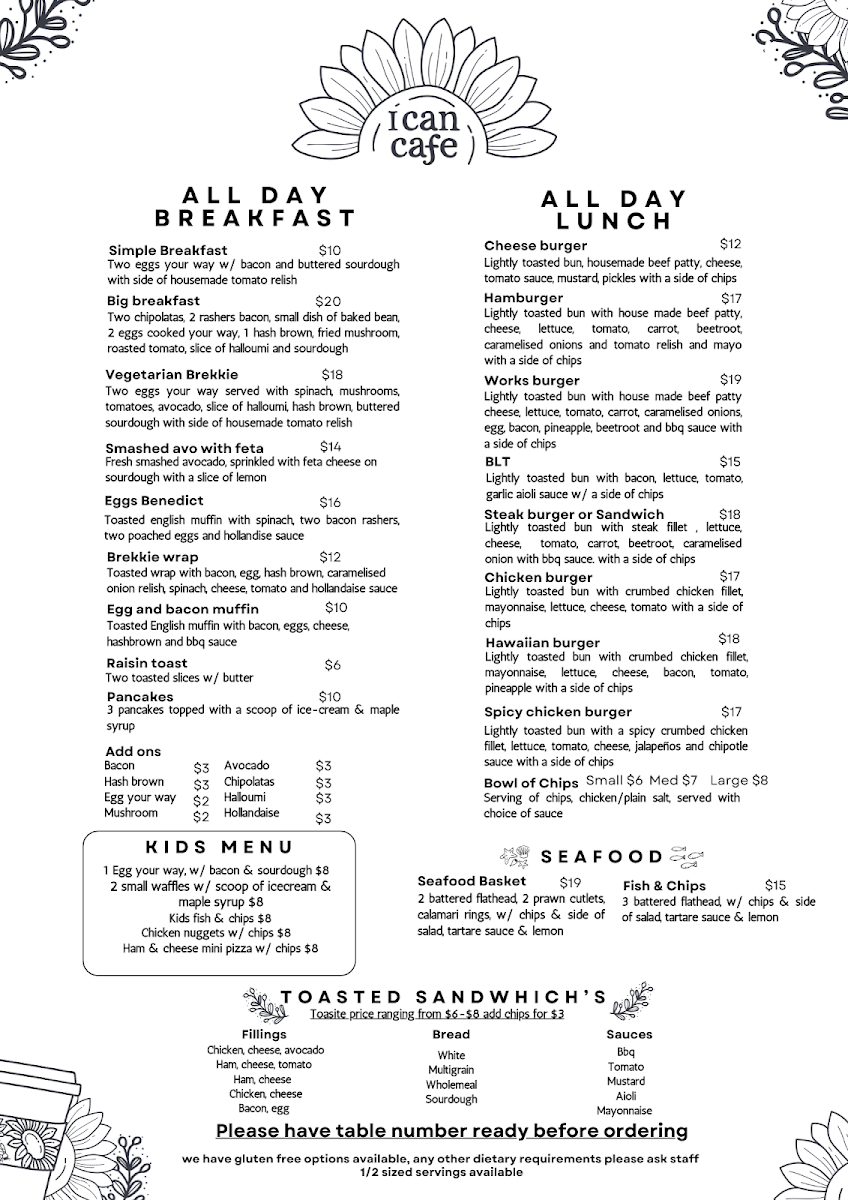 Menu, I Can Cafe