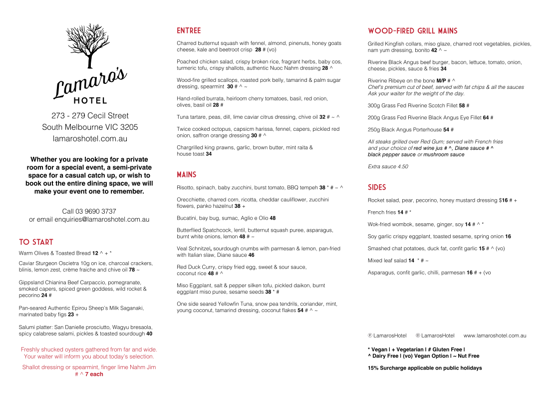 Menu, Lamaro's Hotel
