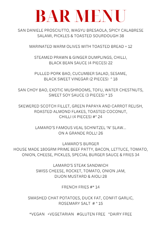 Menu, Lamaro's Hotel