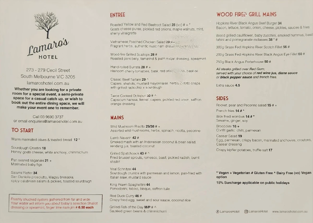 Menu, Lamaro's Hotel
