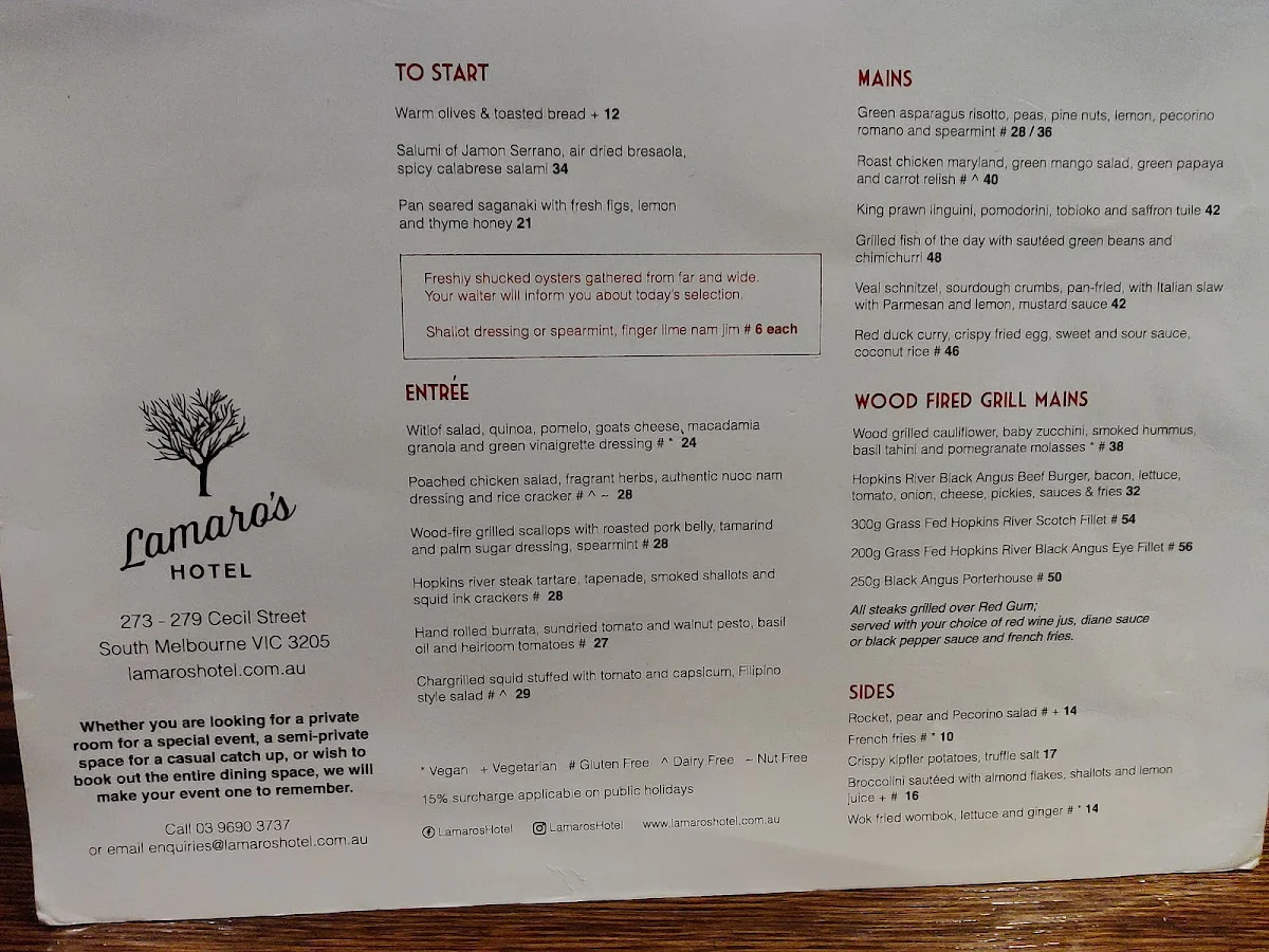 Menu, Lamaro's Hotel