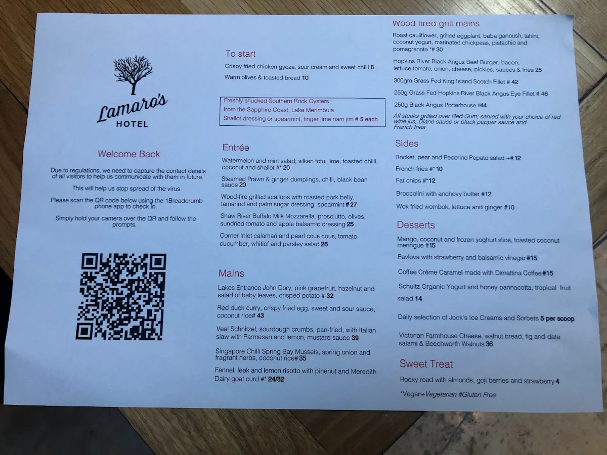 Menu, Lamaro's Hotel