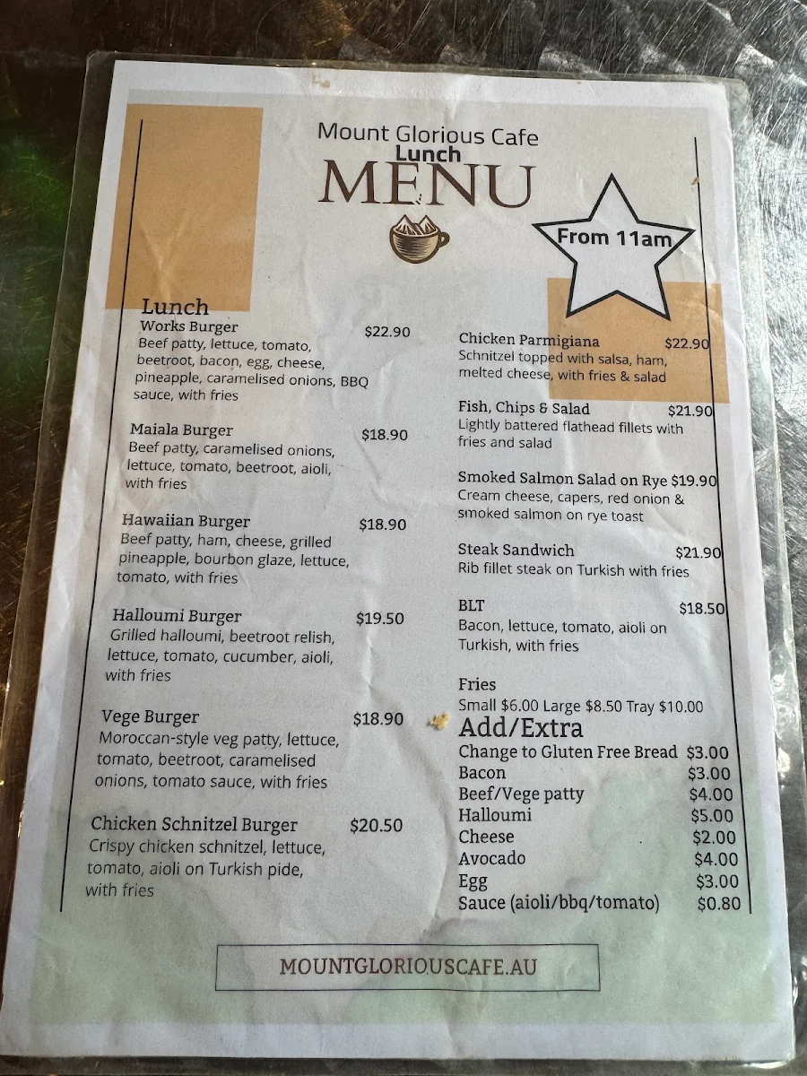 Menu, Mount Glorious Cafe