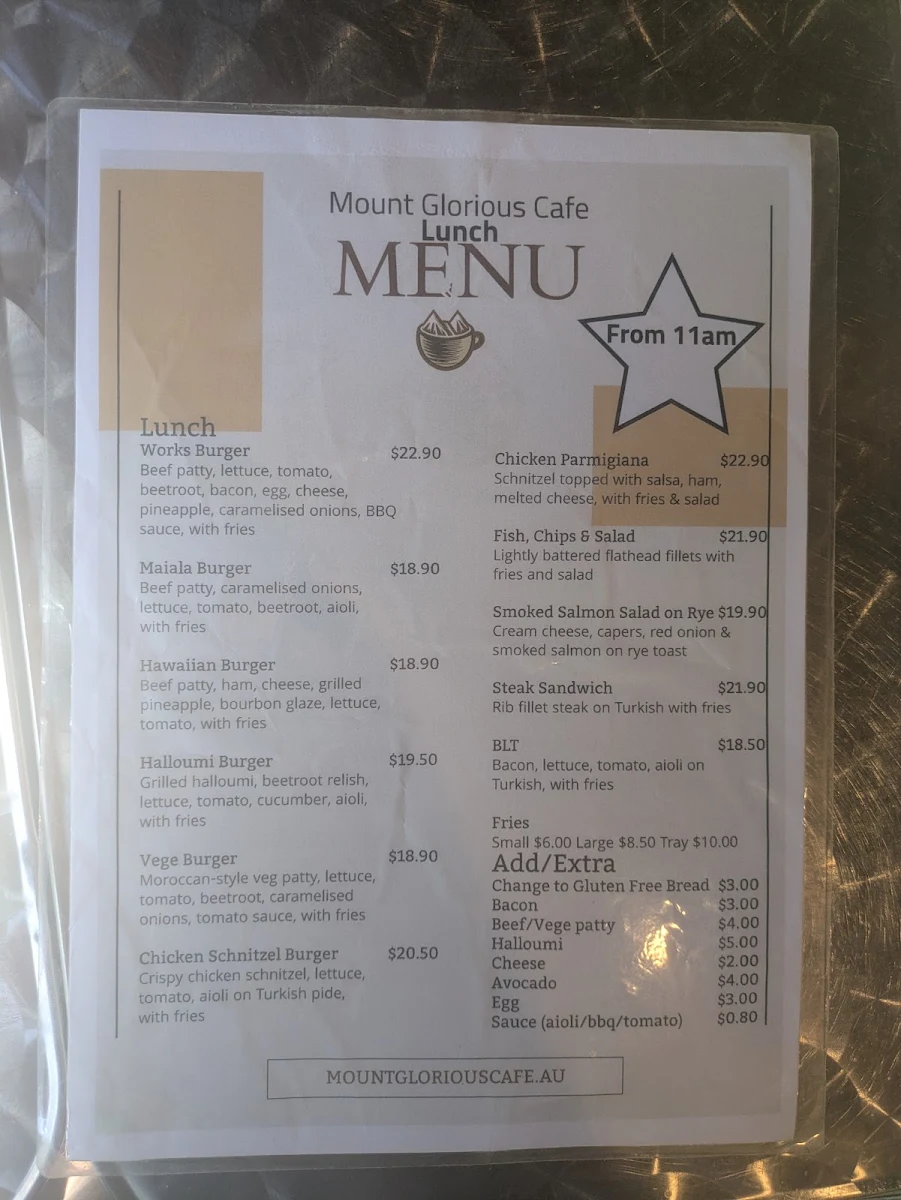 Menu, Mount Glorious Cafe