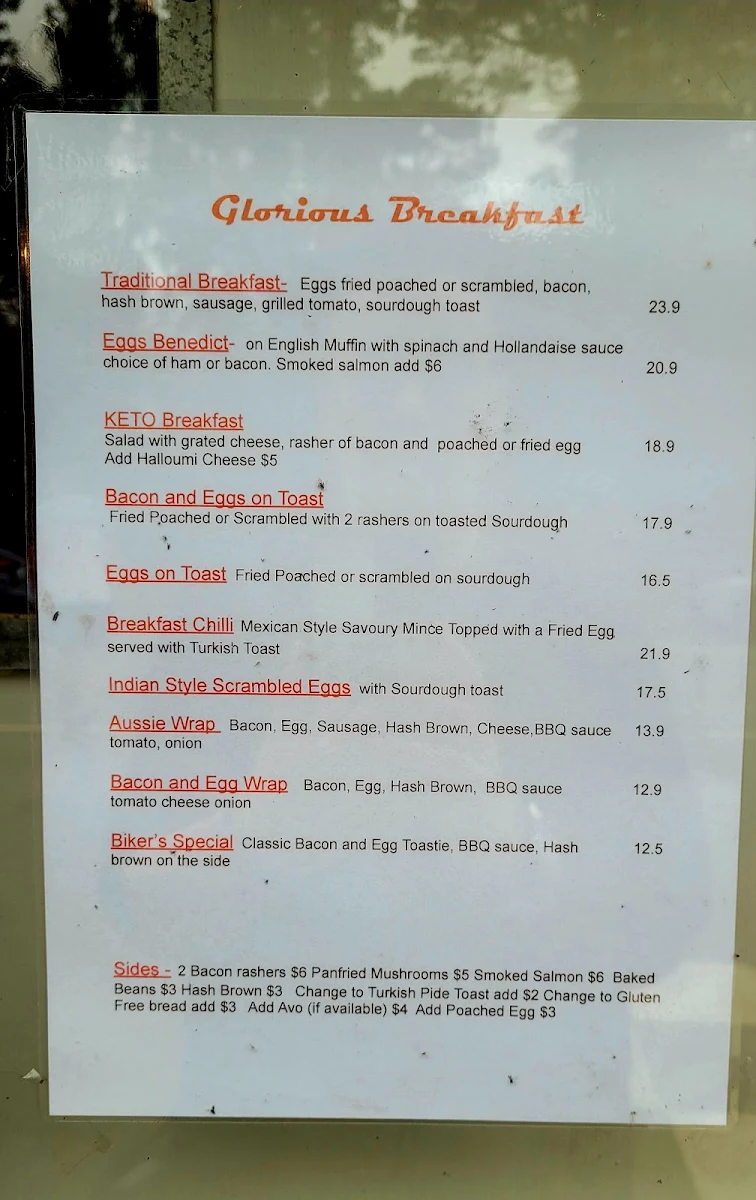 Menu, Mount Glorious Cafe