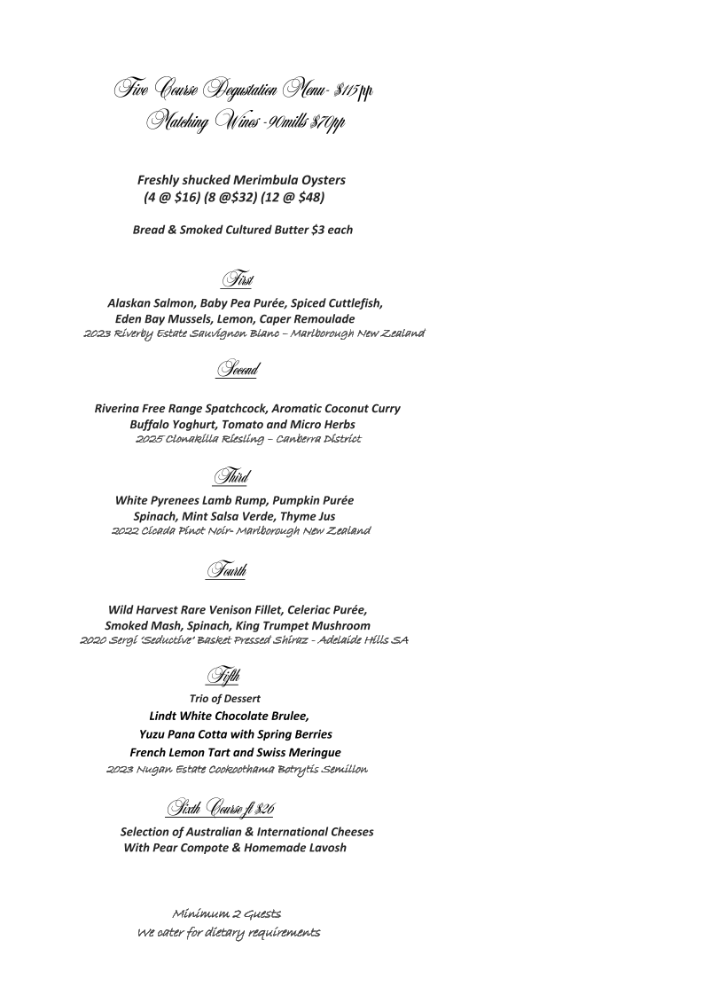Menu, Courgette Restaurant