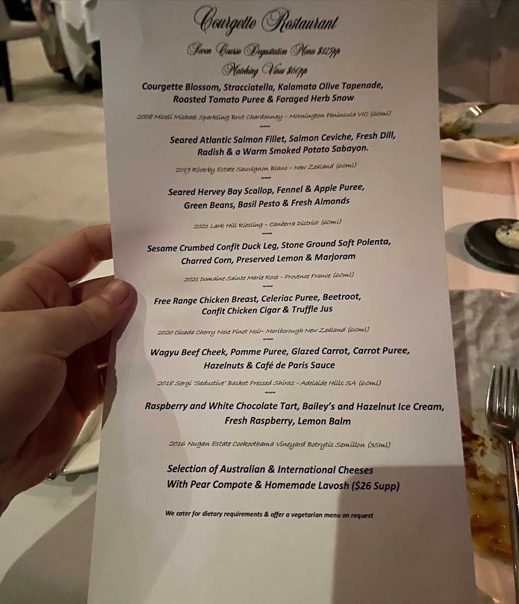 Menu, Courgette Restaurant