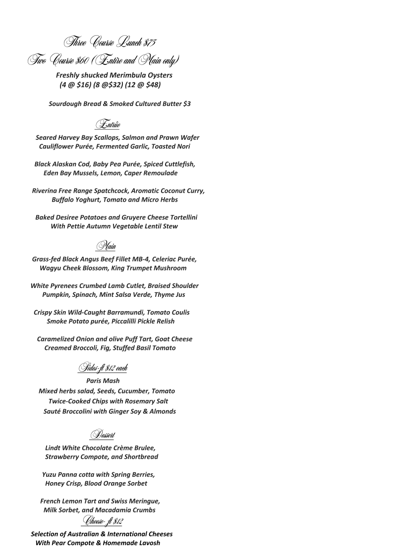 Menu, Courgette Restaurant