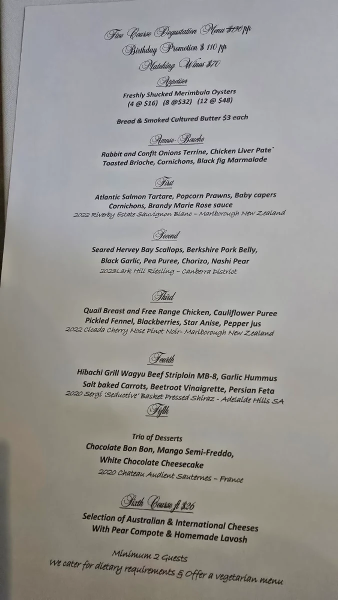 Menu, Courgette Restaurant