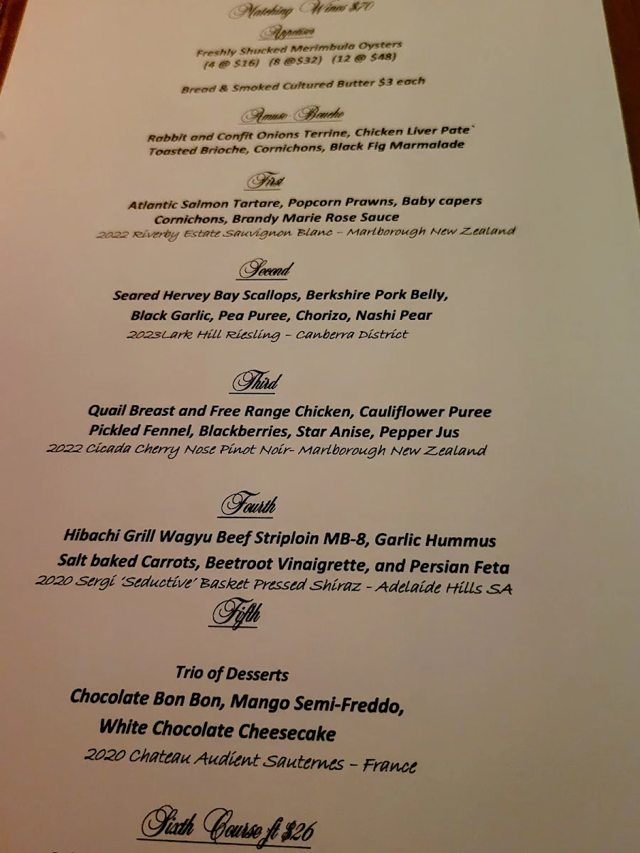 Menu, Courgette Restaurant