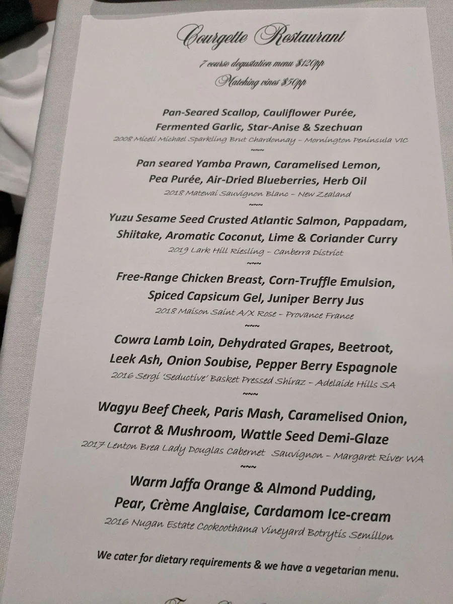 Menu, Courgette Restaurant