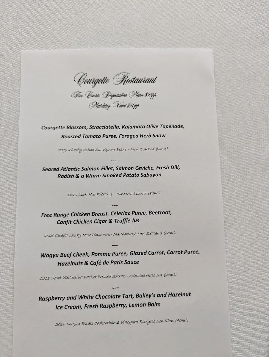 Menu, Courgette Restaurant