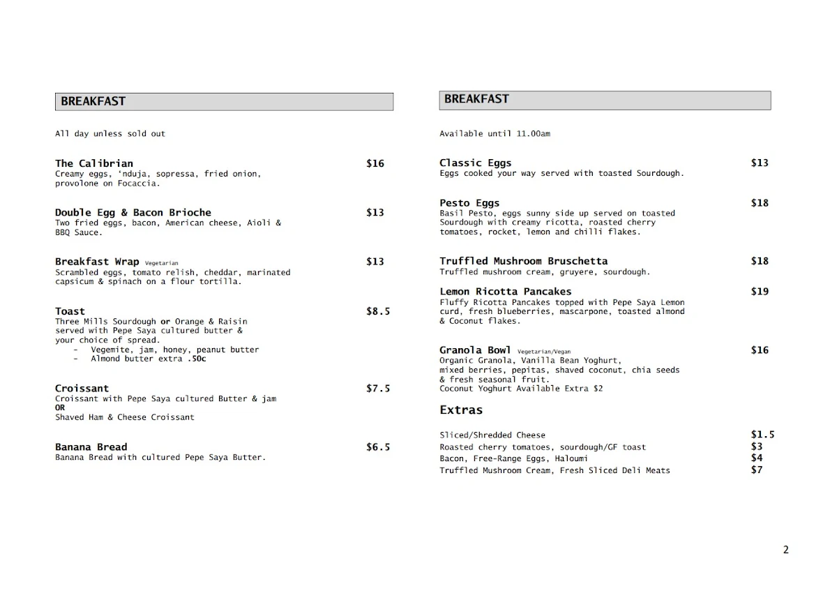 Menu, Bean Culture Espresso Bar