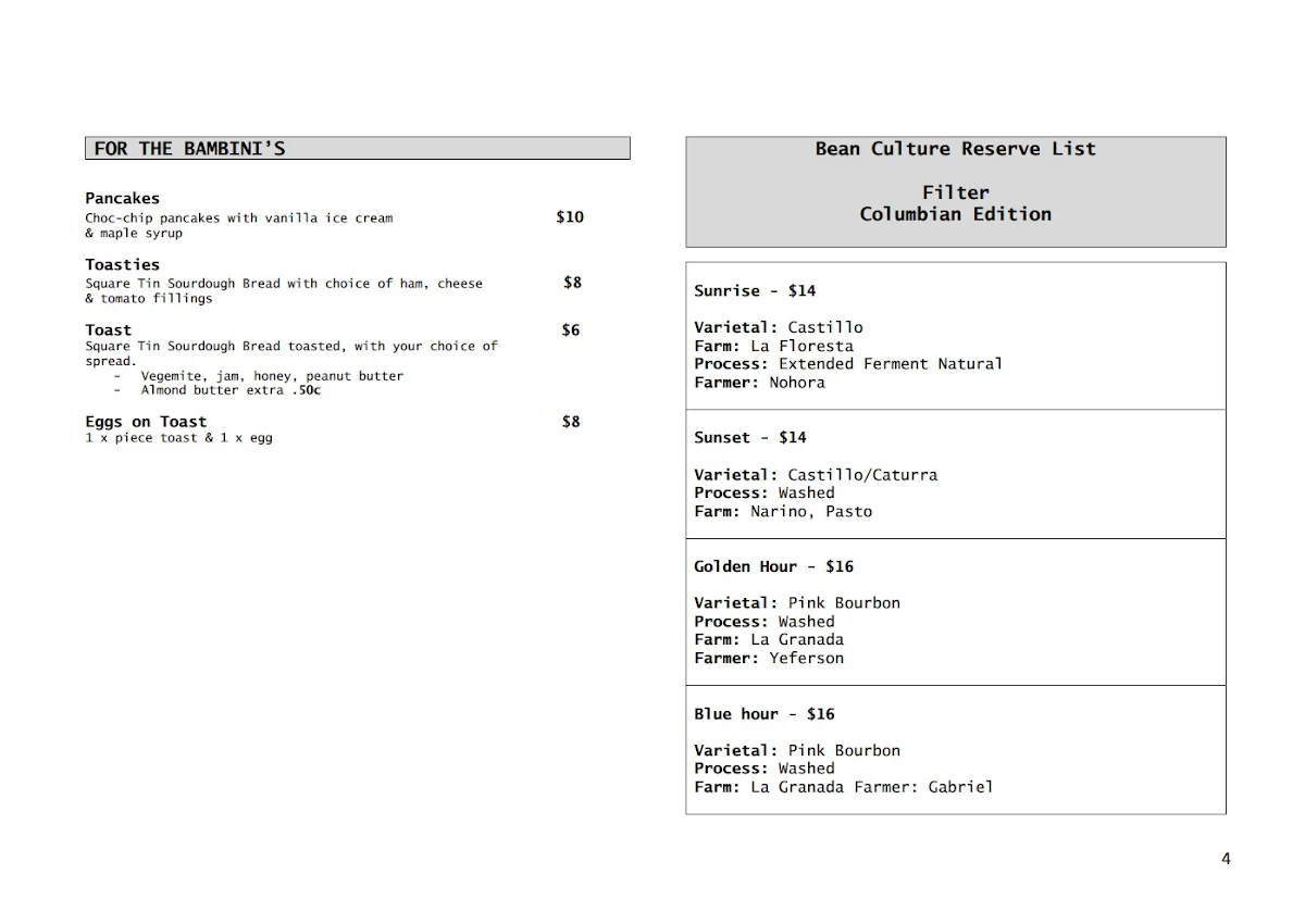 Menu, Bean Culture Espresso Bar