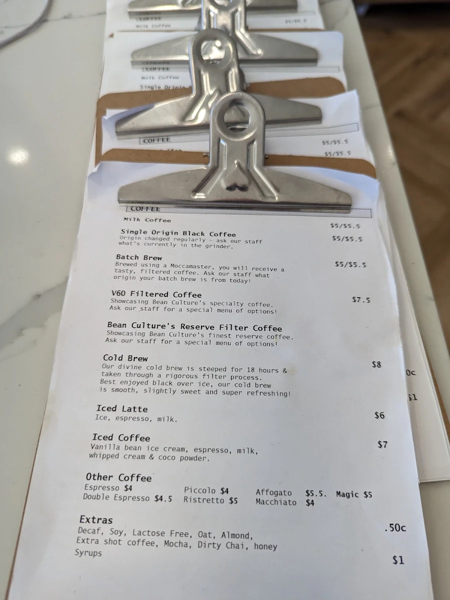 Menu, Bean Culture Espresso Bar