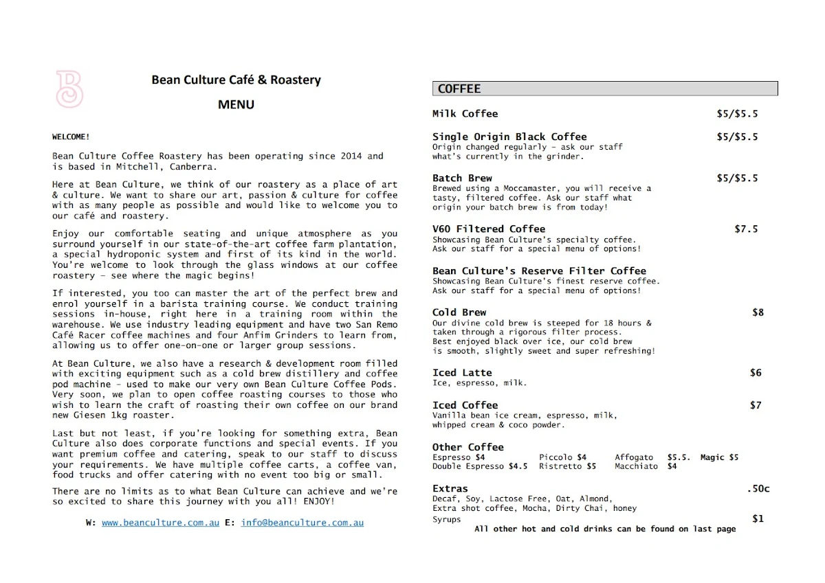 Menu, Bean Culture Espresso Bar