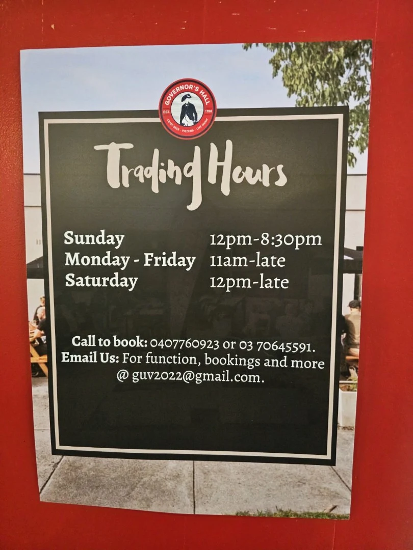 Menu, Governors Hall