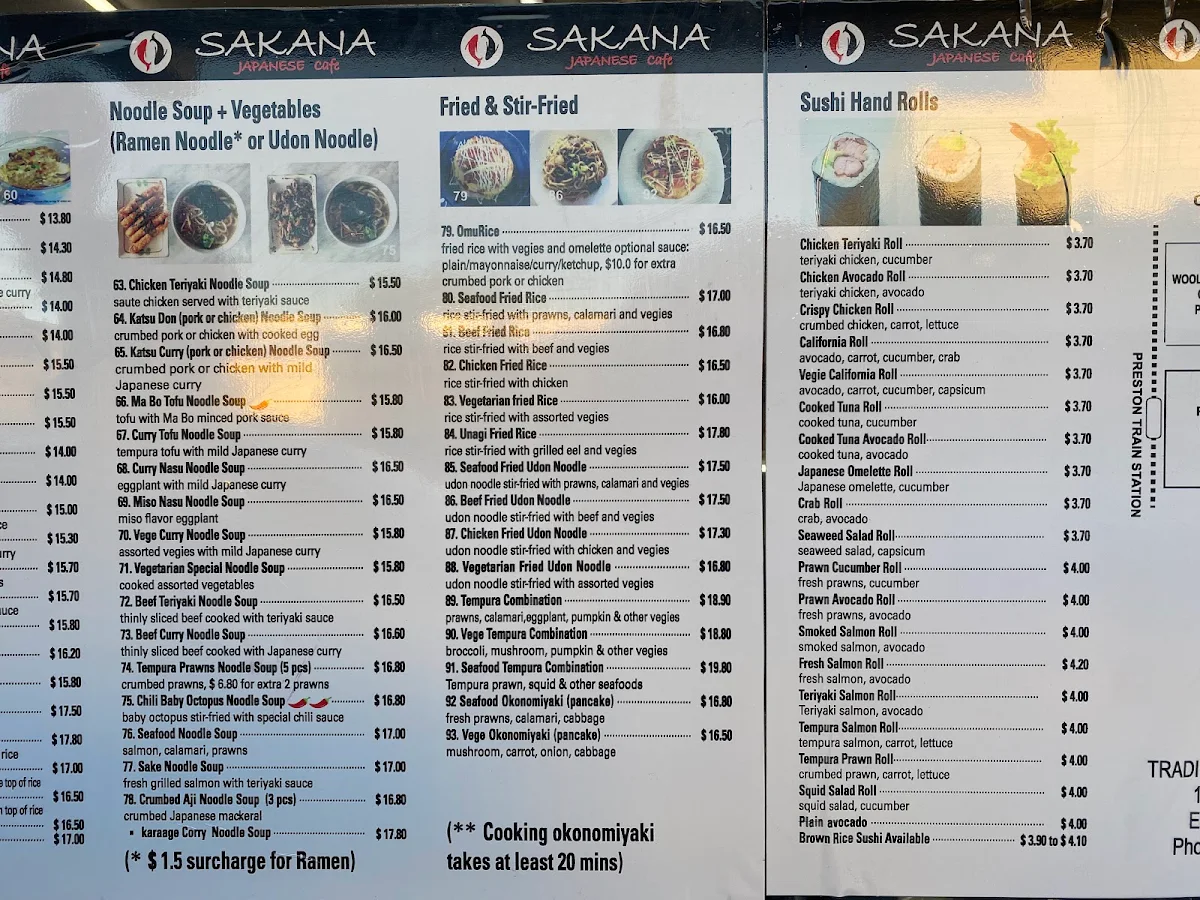 Menu, Sakana Japanese Cafe