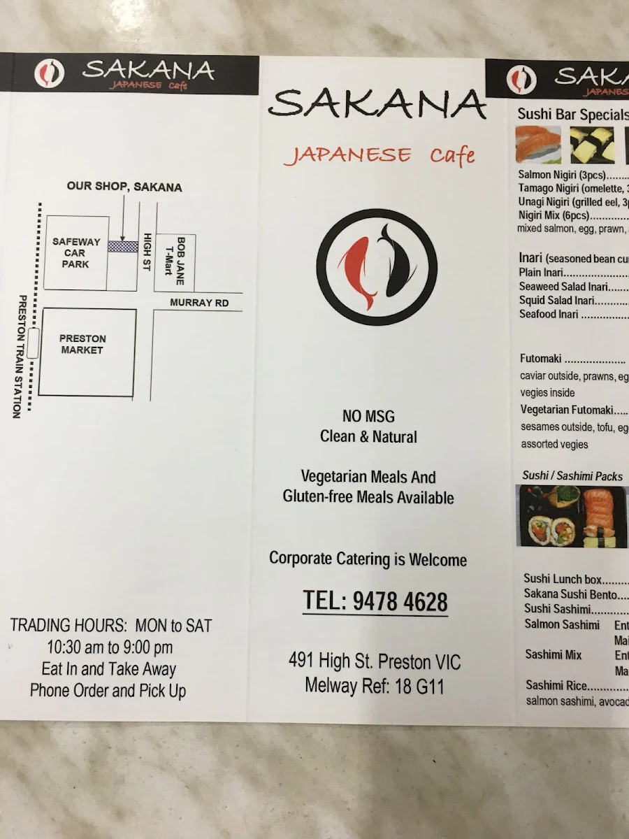 Menu, Sakana Japanese Cafe