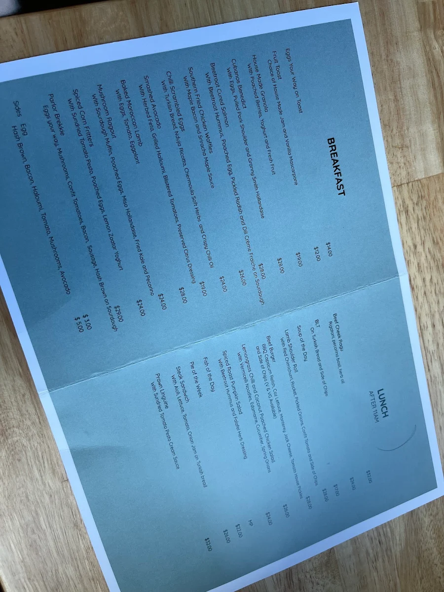 Menu, The Parlor Kitchen & Bar
