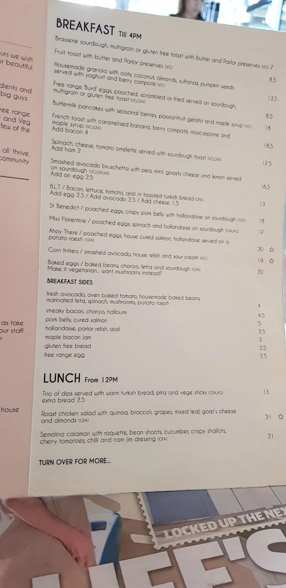 Menu, The Parlor Kitchen & Bar