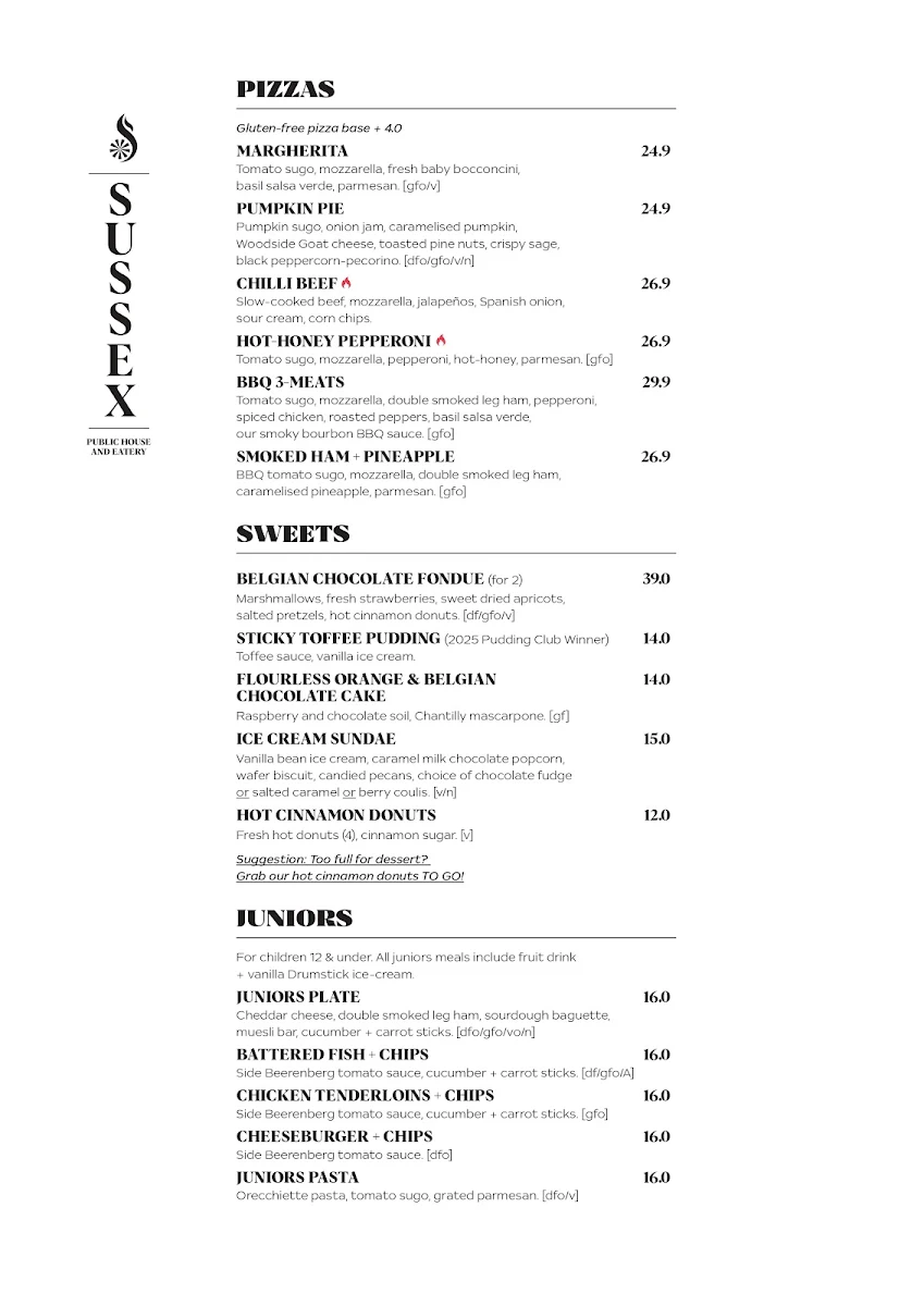 Menu, Sussex Hotel