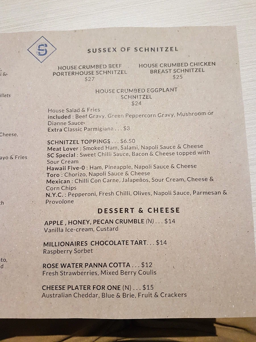 Menu, Sussex Hotel